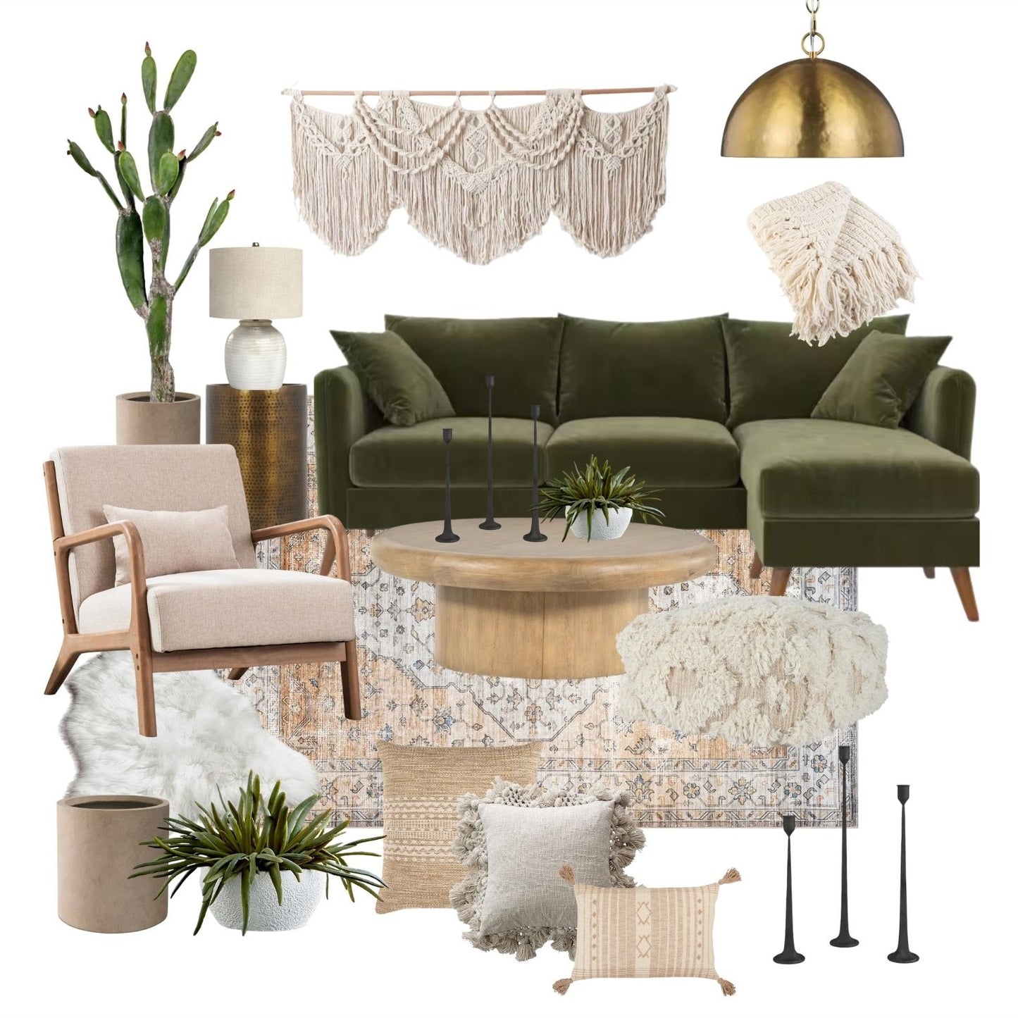 Cozy Boho Living Room Design, Earth Tones Living Room Ideas, Living Room Mood Board | Virtually Design