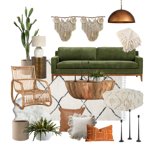 Cozy Boho Living Room Design, Earth Tones Living Room Ideas, Living Room Mood Board | Virtually Design