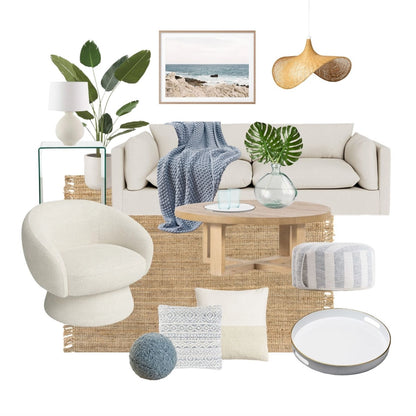 Beach Modern Coastal Living Room, Beach Living Room Theme with White Sofa, Mood Board | Virtually Design