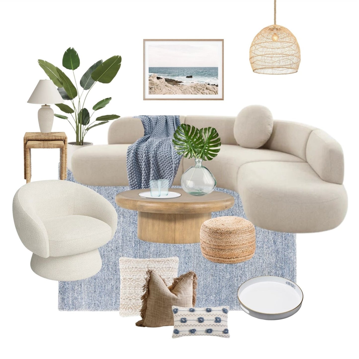 Beach Modern Coastal Living Room, Beach Living Room Theme with White Sofa, Mood Board | Virtually Design